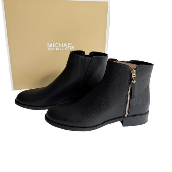 NEW Michael Kors BRITT ANKLE BOOT Womens 9.5 Black Bootie Gold Zip Flat Shoe Box - Picture 6 of 14